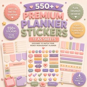 High-Quality 550+ Premium Planner Stickers | Soft 3D Pastel UI | 17 A5 Sheets