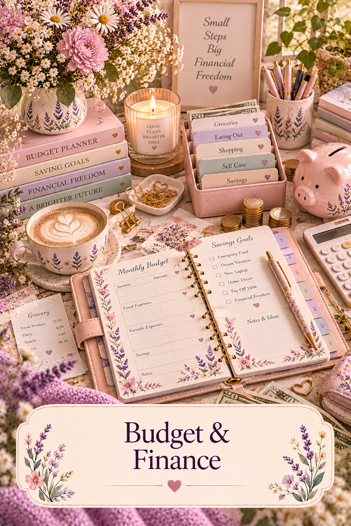 Budget & Finance collection featuring a floral monthly budget planner, savings goals pages, cash envelope organizer, calculator, and pink piggy bank.