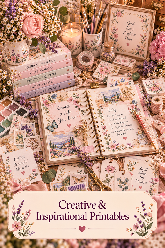 Creative & Inspirational Printables collection featuring a floral scrapbook journal, watercolor paints, inspirational quote cards, decorative papers, vintage-style stickers, and pastel craft supplies.