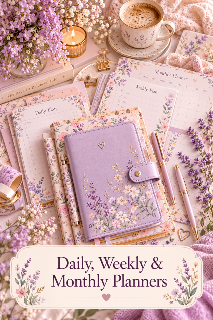 Daily, Weekly & Monthly Planners collection featuring lavender floral stationery, daily planning pages, weekly schedules, and a monthly planner.