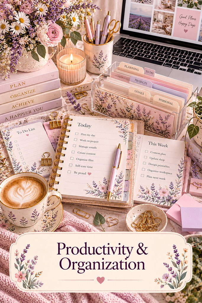 Productivity & Organization collection featuring a pastel workspace with laptop, organized folders, weekly task lists, and productivity stationery.