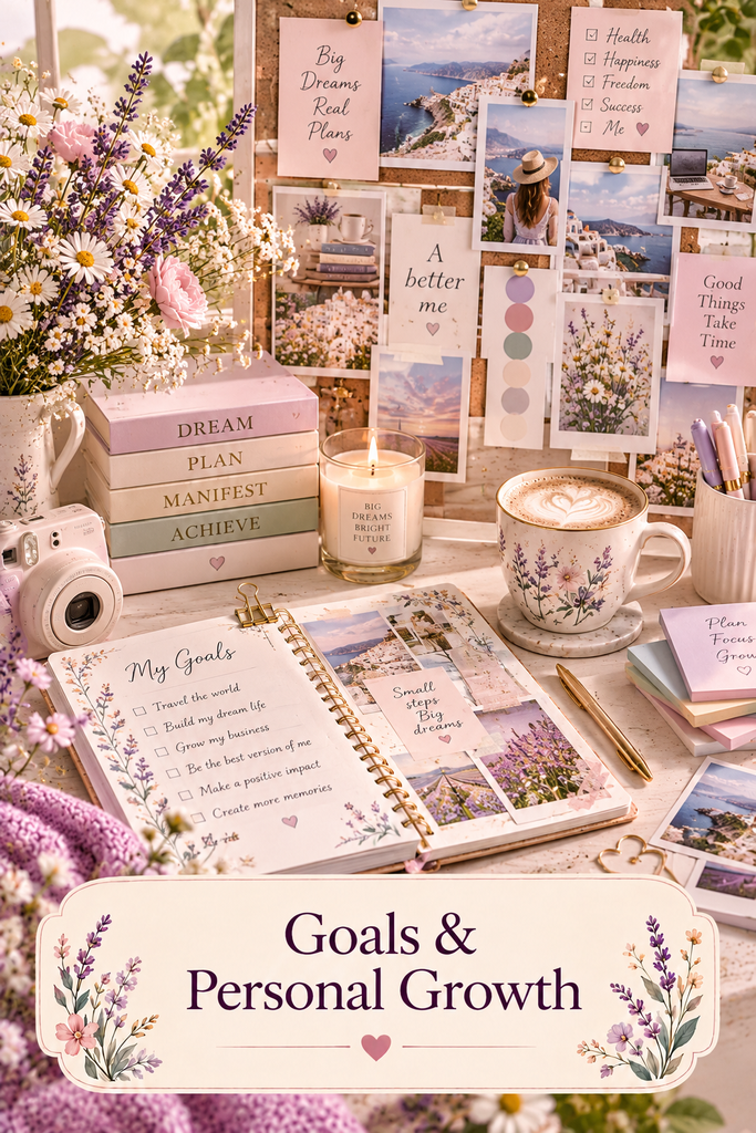 Pastel Goals & Personal Growth collection featuring a vision board, goal planner, habit tracker, inspirational notes, and floral stationery.
