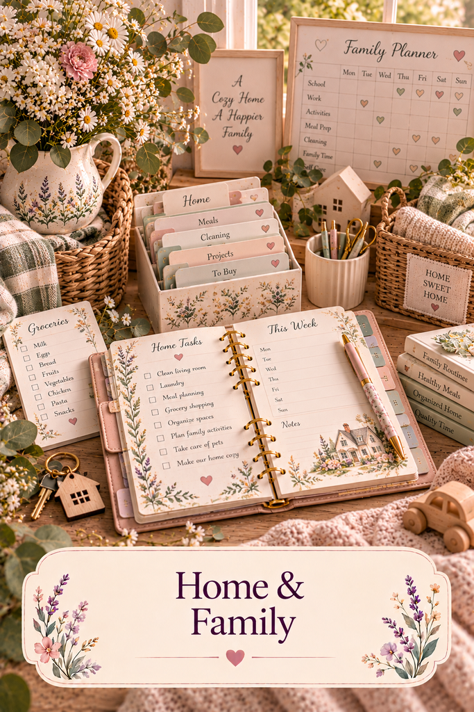 Home & Family collection featuring a floral home management binder, family weekly planner, grocery checklist, household organization cards, and cozy sage green decor.