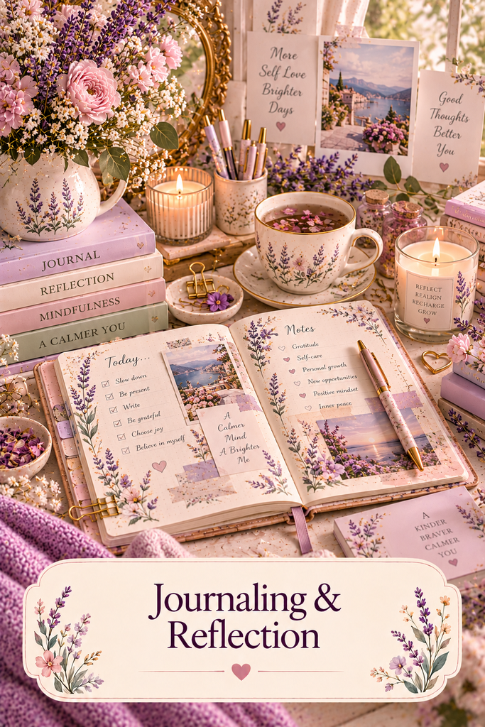 Journaling & Reflection collection featuring an open journal, gratitude pages, reflective writing prompts, and pastel floral stationery.