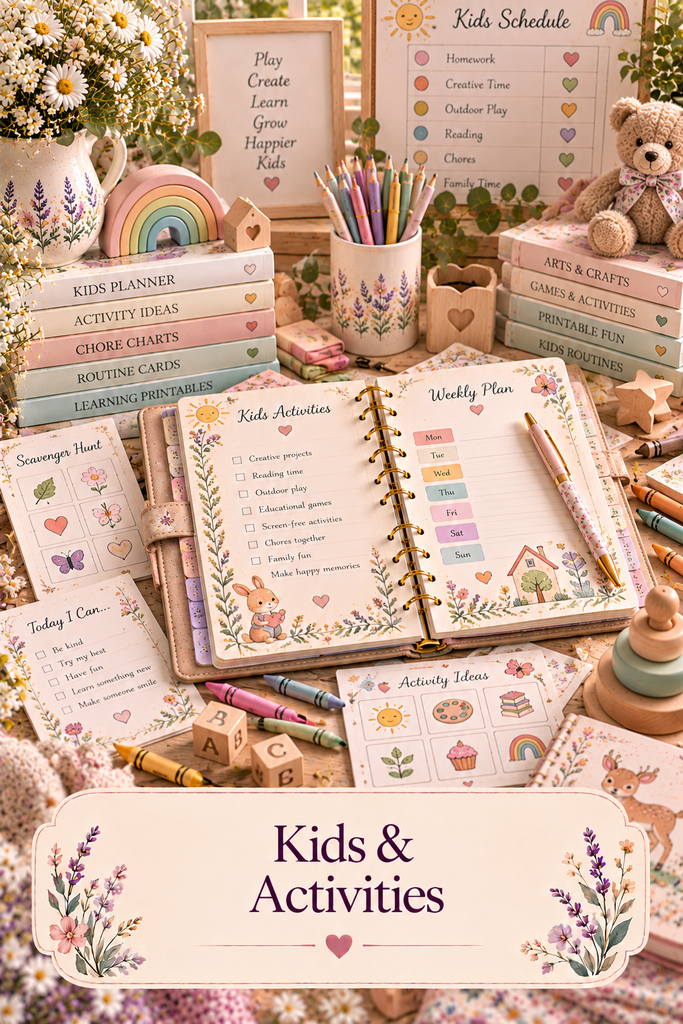 Kids & Activities collection featuring colorful children's planners, weekly routine charts, educational worksheets, crayons, wooden toys, and pastel floral stationery.