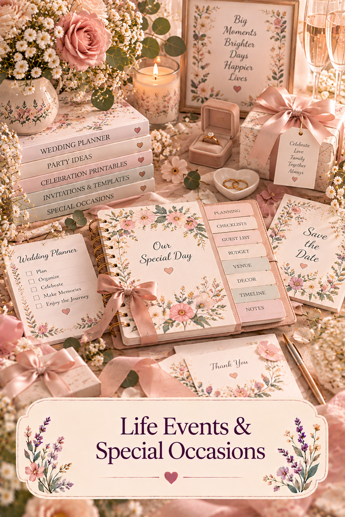 Life Events & Special Occasions collection featuring a romantic wedding planner, floral invitations, satin ribbons, gift boxes, wedding rings, and celebration stationery in soft pastel colors.