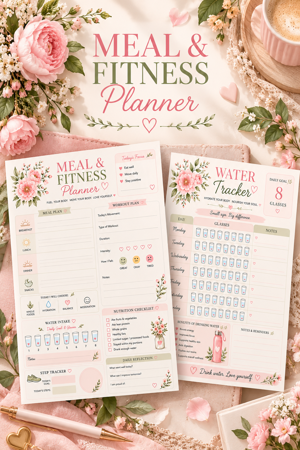 Meal & Fitness Planner Printable with two floral A5 planner pages featuring meal planning, workout tracking, daily wellness checklists and a weekly water tracker.