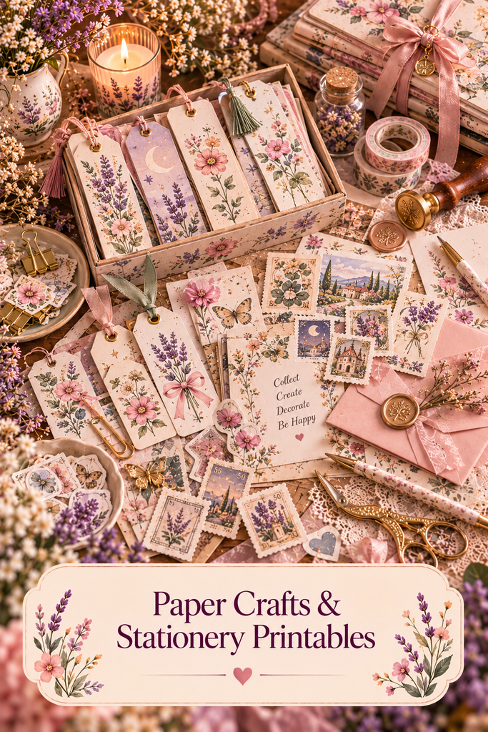 Paper Crafts & Stationery collection featuring floral printable bookmarks, gift tags, decorative stamps, greeting cards, pastel envelopes, and vintage-inspired stationery.