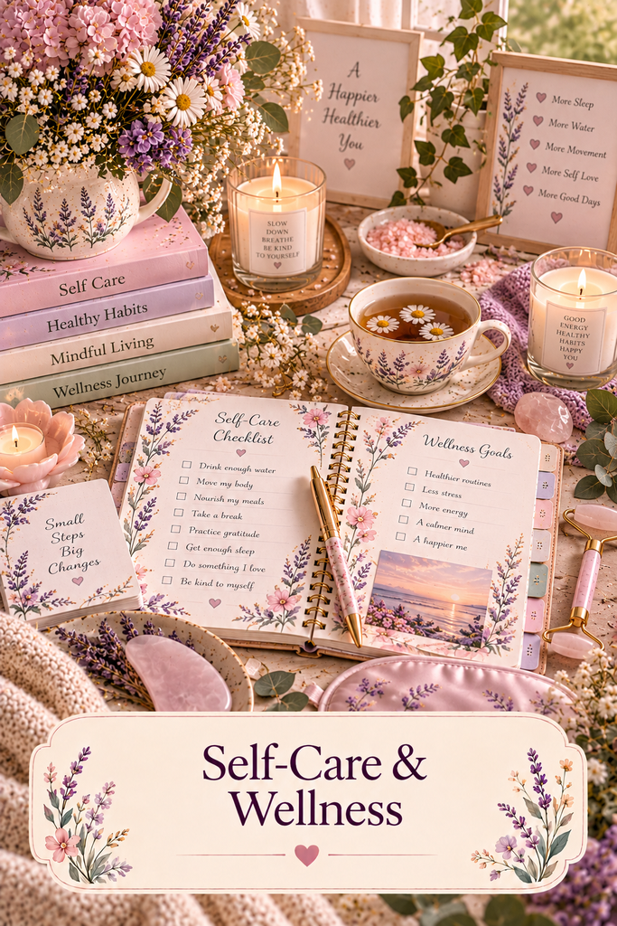 Self-Care & Wellness collection featuring a floral self-care checklist, wellness planner, candles, herbal tea, and pastel stationery.