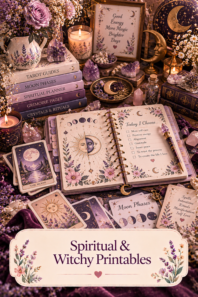 Spiritual & Witchy Printables collection featuring tarot cards, a floral moon calendar journal, amethyst crystals, celestial decorations, and lavender stationery in soft mystical purple tones.