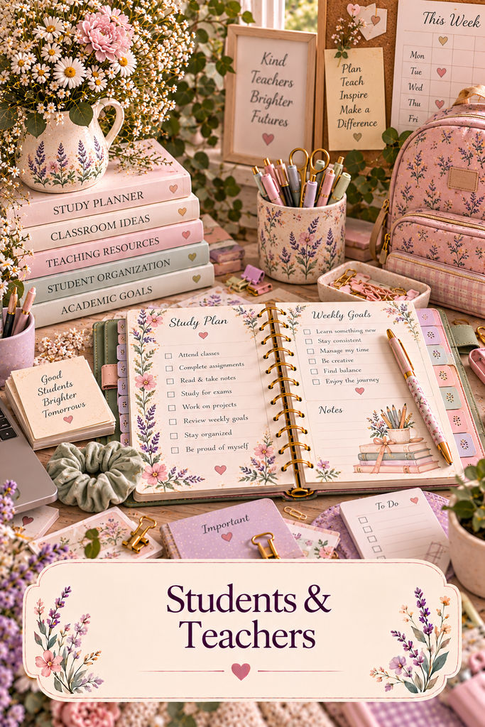 Students & Teachers collection featuring a pastel study planner, classroom organization supplies, school books, floral stationery, and a teacher workspace.
