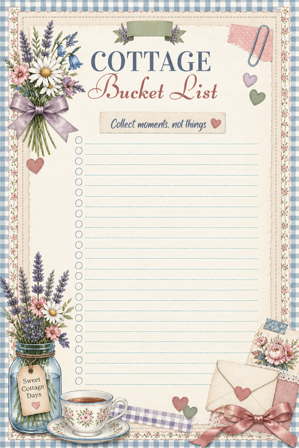 Free Cottage Bucket List Printable with pastel floral illustrations, vintage scrapbook details and a cozy cottagecore checklist.